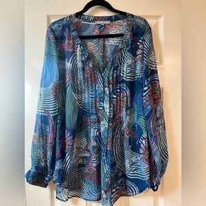 Daniel Rainn Blue Patterned Chiffon Blouse
